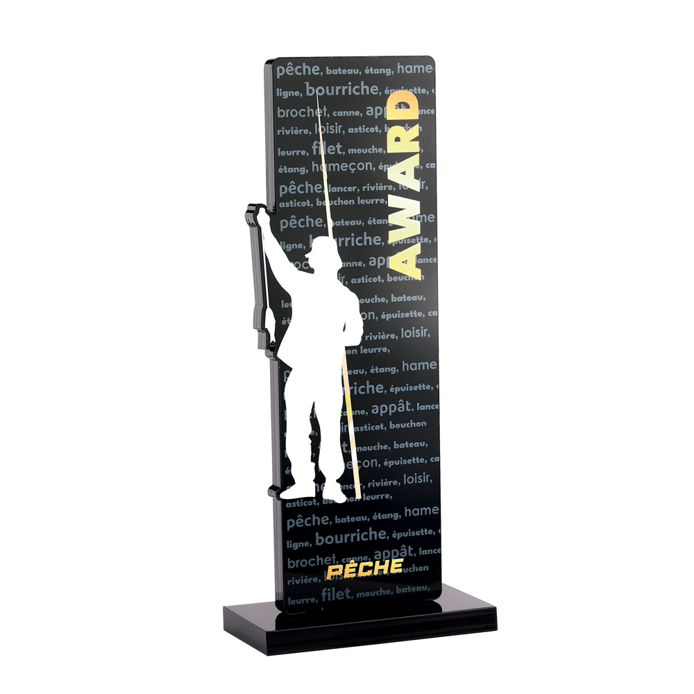 TROPHÉE ACRYLIQUE PERSONNALISABLE NOIR PÊCHE 23 CM - PN098
