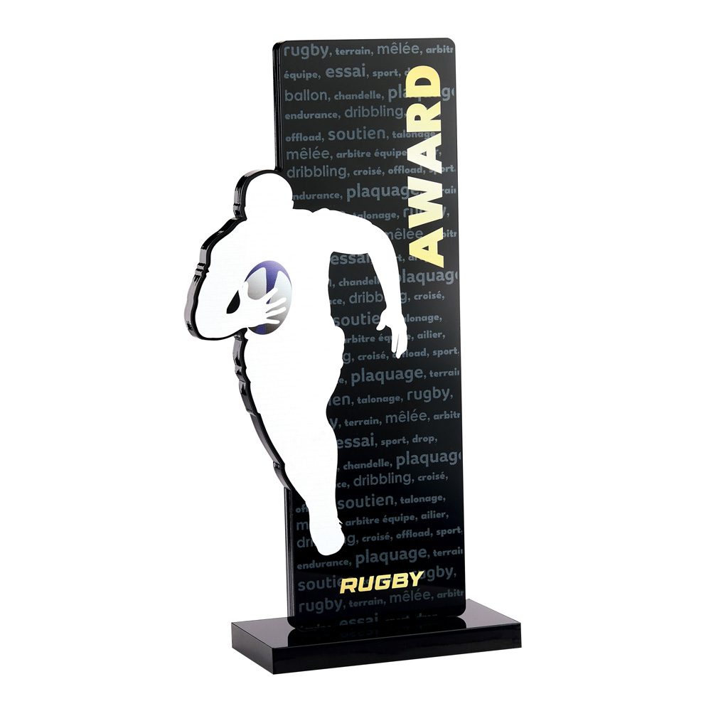 TROPHÉE ACRYLIQUE PERSONNALISABLE NOIR RUGBY 23 CM - PN100