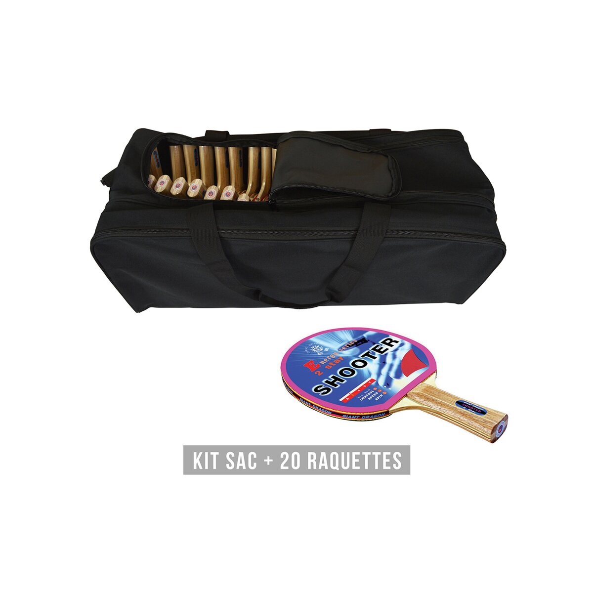 KIT DE 20 RAQUETTES DE TENNIS DE TABLE SHOOTER AVEC SAC